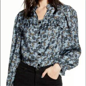 Top Shop Long Sleeve Blouse Blue Floral Ruffled Cuff Yoke Cottage Core Size 8